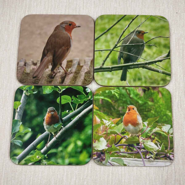 robins, set of four square coasters close view 