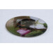 Buff tail bumblebee round glass coaster, quuen on apple blossom, side view