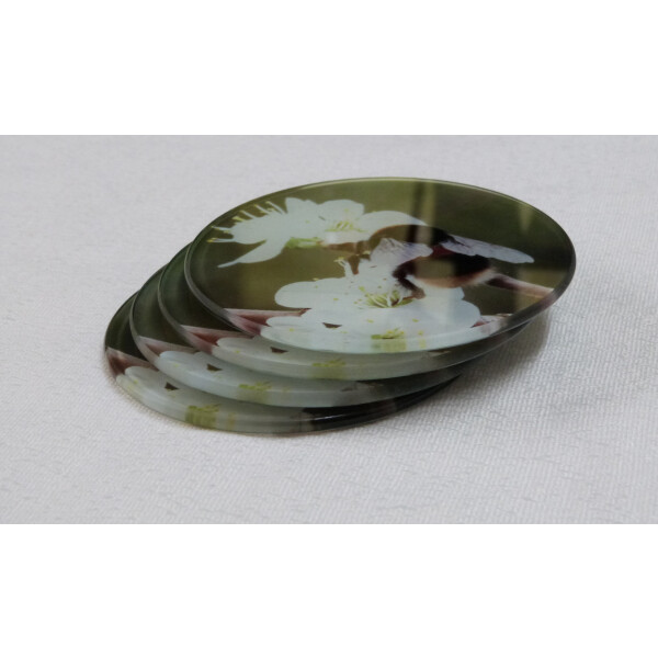 Four buff tail bumblebee round glass coasters, queen on apple blossom, fan side view