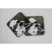 two buff tail bumblebee square coasters, queen on wild plum blossom, tilt view
