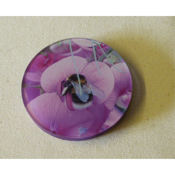 Garden bumblebee round glass coaster, pink sweetpea flower