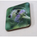 Three buff tail bumblebee square coasters, workers on lilac colour teasel flower, diagonal view