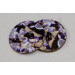 Two red tail bumblebee round coasters, queen on white and ppurple wisteria flower, tilt view