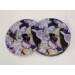 Two red tail bumblebee round glass coasters, queen on white and purple wisteria flower, tilt view